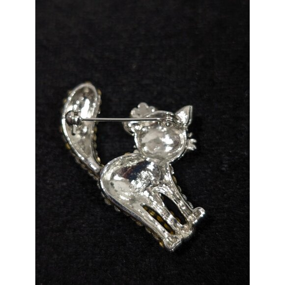 Rhinestone Crystal Pave Scared Cat Kitten Pink Flower Brooch Pin Silver Tone - Picture 4 of 7